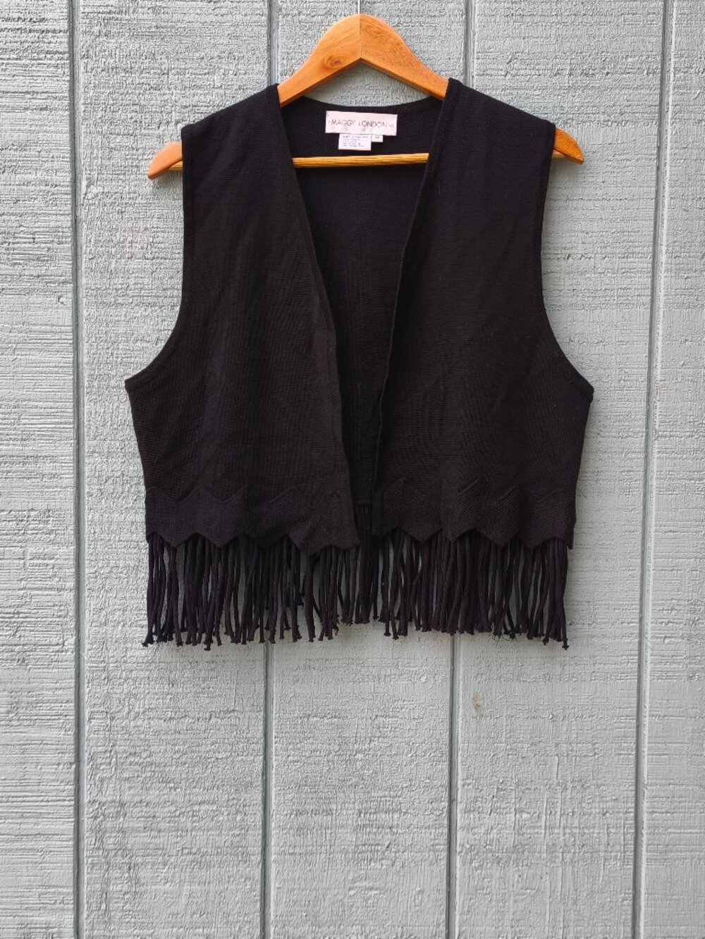 Maggy London Wool Blend Fringe Sweater Vest sz M Black Grunge Edgy Western Chic
